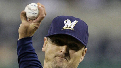 Brewers closer Trevor Hoffman throws in the ninth inning. Hoffman earned his 22nd save of the season.