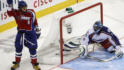Eastern Conference's Alex Ovechkin, of the Washington Capitals, celebrates after scoring on Western Conference goalie Roberto Luongo, of the Vancouver Canucks, in the shootout of the NHL All-Star Game yesterday in Montreal.