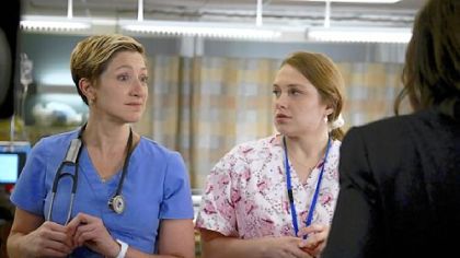 Edie Falco as Jackie O'Hurley and Merritt Wever as Zoey in "Nurse Jackie."
