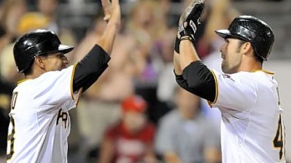 Garrett Jones (right) celebrates with Ronny Cedeno, who scored on Jones' 15th home run of the season in the bottom of the eighth inning last night against Philadelphia.