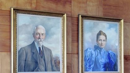 Portraits of Sebastian Mueller and wife,  Elizabeth Heinz are hung on a wall at Eden Hall.