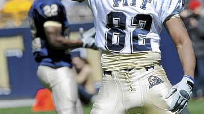 Jonathan Baldwin celebrates the only touchdown of yesterday's spring game -- a 54-yard pass from quarterback Bill Stull on the first series of the game at Heinz Field.