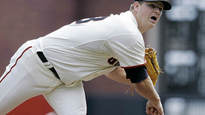 Giants pitcher Matt Cain throws idn the first inning.