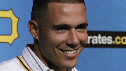 Pirates first-round baseball draft pick Tony Sanchez is introduced to the Pittsburgh media after signing with the club in Pittsburgh on Friday.