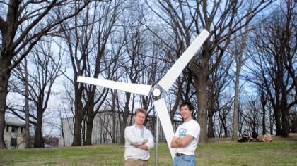Micah Toll, right, a junior at the University of Pittsburgh, and Shaun Espenshade, a junior at Duquesne University, friends from Lebanon, Lebanon County, with their inexpensive wind turbine.