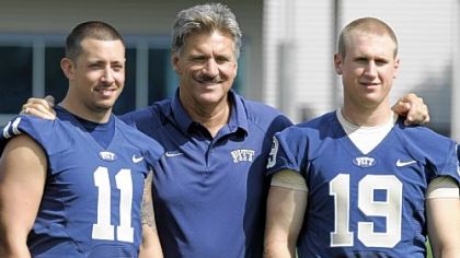 Will Dave Wannstedt give Pat Bostick (#19) a fair shake? Pitt head coach Wannstedt is photographed along side quarterbacks Stull and Bostick during the team's 2009 media day Monday.