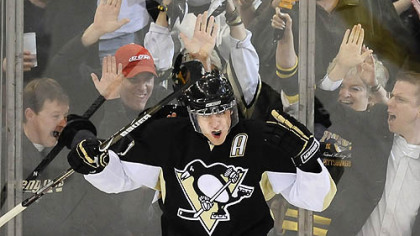 Evgeni Malkin celebrates his first period goal against the Panthers last night at Mellon Arena.