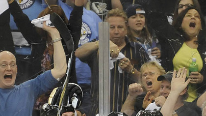 The Penguins' Ruslan Fedotenko celebrates his goal in the first period against the Capitals last night at Mellon Arena.