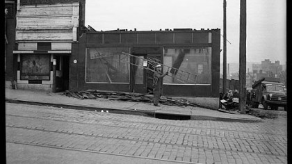 Exterior view of Crystal Barber Shop and Billiard Parlor being razed, Wylie Avenue, Hill
District, c. 1958-1961