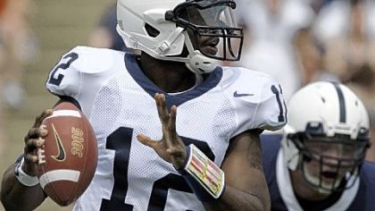Quarterback Kevin Newsome, the quarterback in waiting behind Darryl Clark, looks for room to make a play during the Blue-White game yesterday at Beaver Stadium.
