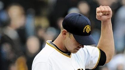 Zach Duke celebrates his complete-game shutout of the Astros on opening day at PNC Park yesterday.