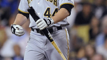 Pirates outfielder Brandon Moss reacts after striking out during the fourth inning  of last night's road game against the Dodgers.