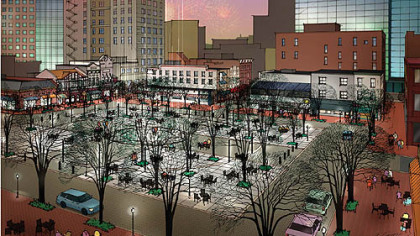 This drawing shows a night view of Market Square reconfigured to be more pedestrian-friendly.