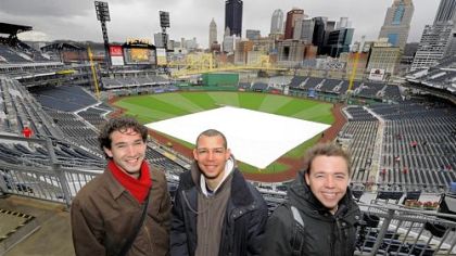 Three 25-year-olds from Philadelphia -- Travis Greene (left), Pedro Cuniilera (center) and Joey Seagraves --  are trying to see 30 ballgames in 30 ballparks in 30 days.