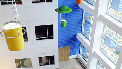 The Eat'n Park atrium features a labyrinth on the floor and a two-story screen for showing movies and sporting events.