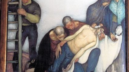 This watercolor, titled "Christ in Bluejeans," is a modern rendering of "Pieta" by Michelangelo. The picture was painted by Antoine Carte.