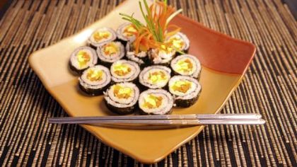 The Golden Pig in Cecil offers sushi-like but cooked rolls, in either beef or vegetable, called gimbop.