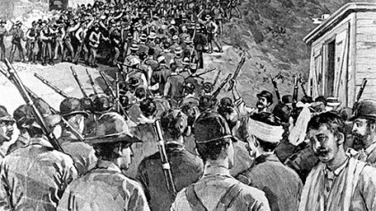 Protestors outside the temporary prison that held the Pinkerton detectives after the 1892 Homestead Steel Strike in this engraving from Harper's Weekly.