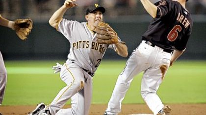 Jack Wilson loses the ball while trying to turn a double play in the first inning last night in Phoenix. Wilson forced out Stephen Drew before losing control of the ball.