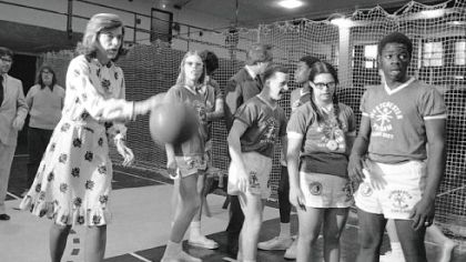 In this Feb. 28, 1975, photo, Mrs. Shriver -- who founded the Special Olympics -- plays basketball with developmentally disabled children from the Margaret Chapman School in Hawthorne, N.Y.