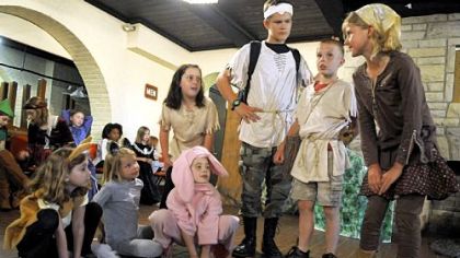 Students in the Free Minds enrichment program perform at a dress rehearsal of "Robin Hood and His Band of Merry Persons" at North Park Lodge. From left are Gracie Rynkowski, 7, of McCandless; Winter Wischmann, 8, of Shaler; and standing, Kenna Steele, 6, of Mars; Elissa Cousins, 10, of Richland; Jonathan Beckas, 14, of Bellevue; Locke Wischmann, 10, of Shaler; and Luka van de Venne, 9, of Lawrenceville.