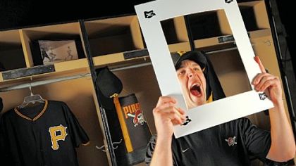 Pitcher Paul Maholm mugs for the camera during an inhouse promo to run during games at PNC Park this season.