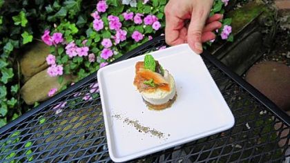 Smoked Trout with Jalapeno/peach Gelee, corn mousse and mint.