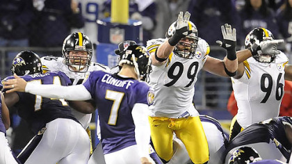 Ravens kicker Billy Cundiff kicks a field goal in overtime and gives his team a 20-17 win against the Steelers last night at M&T Bank Stadium in Baltimore Baltimore.