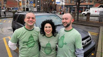 Tony Ciotti, Danielle Danzuso and Mike Conley join forces as Pear Transportation Co. near the 18th and Carson streets intersection on the South Side.