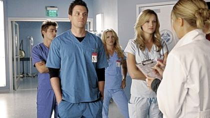 Dave Franco, left, Michael Mosley, Nicky Whelan, Kerry Bishe and Eliza Coupe will be doing rounds when "Scrubs" returns tomorrow night.