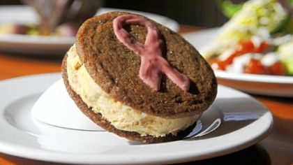 Dulce de Leche Ice Cream Sandwich with pink ribbon --proceeds go to fund breast cancer awareness.
