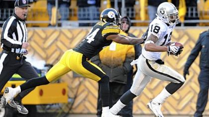Steelers cornerback Ike Taylor tries to push Raiders wide receiver Louis Murphy out of bounds as he runs for a touchdown in the fourth quarter yesterday at Heinz Field.