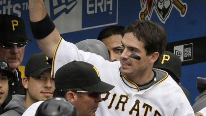Pirates third baseman Andy LaRoche makes a curtain call after hitting his second home run of the game in the eighth inning.