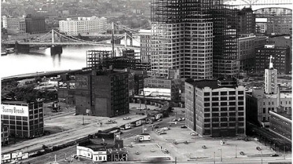 The view of the Point and Gateway Center from Mt. Washington by Clyde Hare, 1951.
