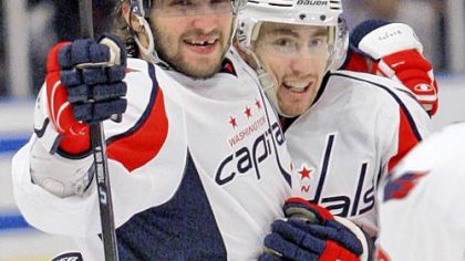 The Washington Capitals' Alex Ovechkin, left, celebrates with teammate Tomas Fleischmann, after scoring a goal against the New York Rangers last month.