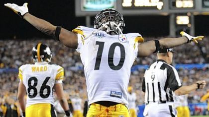 Santonio Holmes celebrates the winning touchdown in the fourth quarter of the Steelers' Super Bowl victory in February.