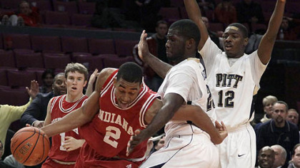 Indiana forward Christian Watford tries to drive around Pitt forward Dwight Miller in the second half.