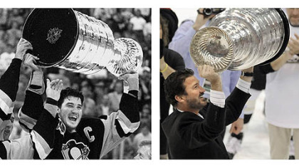 Mario Lemieux hoists the cup after the Penguins Stanley Cup victory over the Minnesota North Stars in 1991 and again after beating the Detroit Red Wings in 2009.