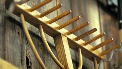 Wooden rake on display at Lehman''s Hardware in Kidron, Ohio.