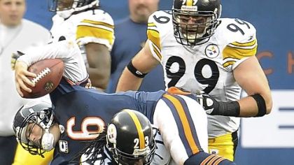 Steelers safety Tyrone Carter sacks Bears quarterback Jay Cutler during a 17-14 loss in Chicago Sept. 20.