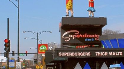 Superdawg in Chicago at Milwaukee, Devon and Nagle with Florrie and Maurie danicng on top.