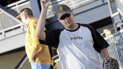 Nick Pelescak celebrates catch No. 300 in the center field bleachers at PNC Park. Mr. Pelescak has been "competitively collecting" in the ballhawk league since last season.