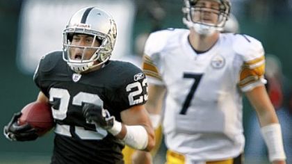 Oct. 29, 2006 -- Chris Carr returns a Ben Roethlisberger interception 100 yards for a touchdown and a 20-6 Oakland lead with 5:28 to play in the game. The 1-5 Raiders go on to beat the Steelers, 20-13.