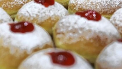 Sufganiyot (doughnuts) filled with jam in Israel for Hanukkah.