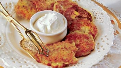 Zucchini latkes, a variation on the potato latkes that are traditionally served during the Jewish holiday.