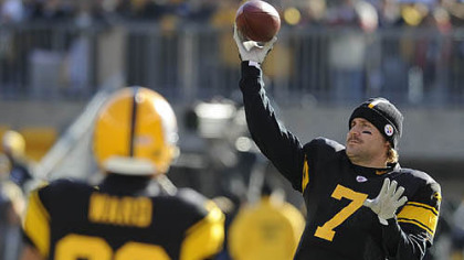 Ben Roethlisberger throws passes to Hines Ward during warmups before their game against the Ravens at Heinz Field.