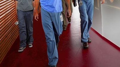 Dr. Andy Yablonski (Alex O'Loughlin, center), Dr. Miranda Foster (Katherine Moennig), Dr. David Lee (Daniel Henney), and Ryan Abbott (Christopher J. Hanke) in "Three Rivers"