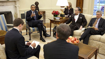 In an Oval Office interview, President Barack Obama answers questions from, clockwise: John Robinson Block, publisher and editor-in-chief of the Pittsburgh Post-Gazette; David Shribman, executive editor, Post-Gazette; Dave Murray, special projects editor, The (Toledo) Blade; and Daniel Malloy, of the Post-Gazette's Washington bureau.