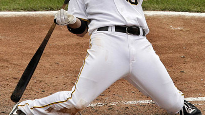 Pirates third baseman Andy LaRoche gets out of the way of an inside pitch from  Dodgers pitcher James McDonald during the eighth inning.