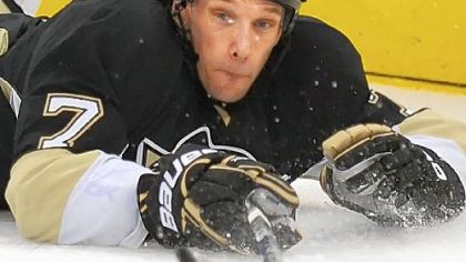 Penguins defenseman Mark Eaton has missed three games due to a knee injury.